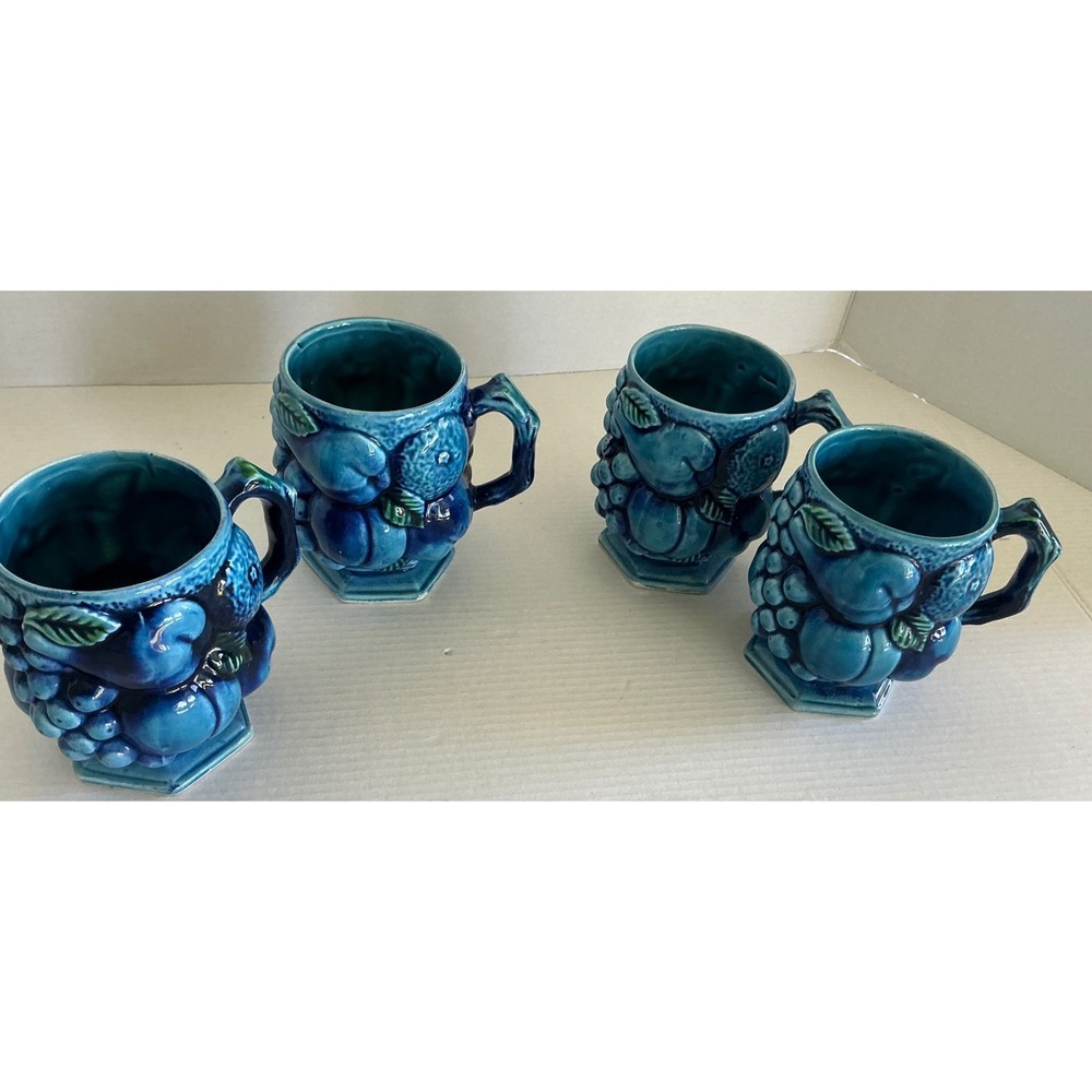 Inarco Vintage 3D‎ Fruit Mugs Teal Blue Ceramic Embossed Set of 4 MCM E2431